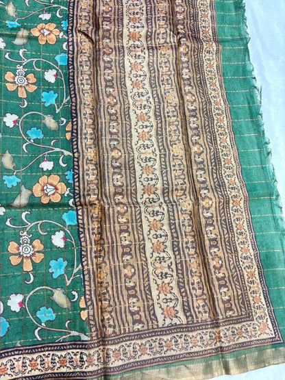 Charming Pine Green Tussar Silk Saree with Floral Grid Lattice, Kalamkari Trails, and Zari Border