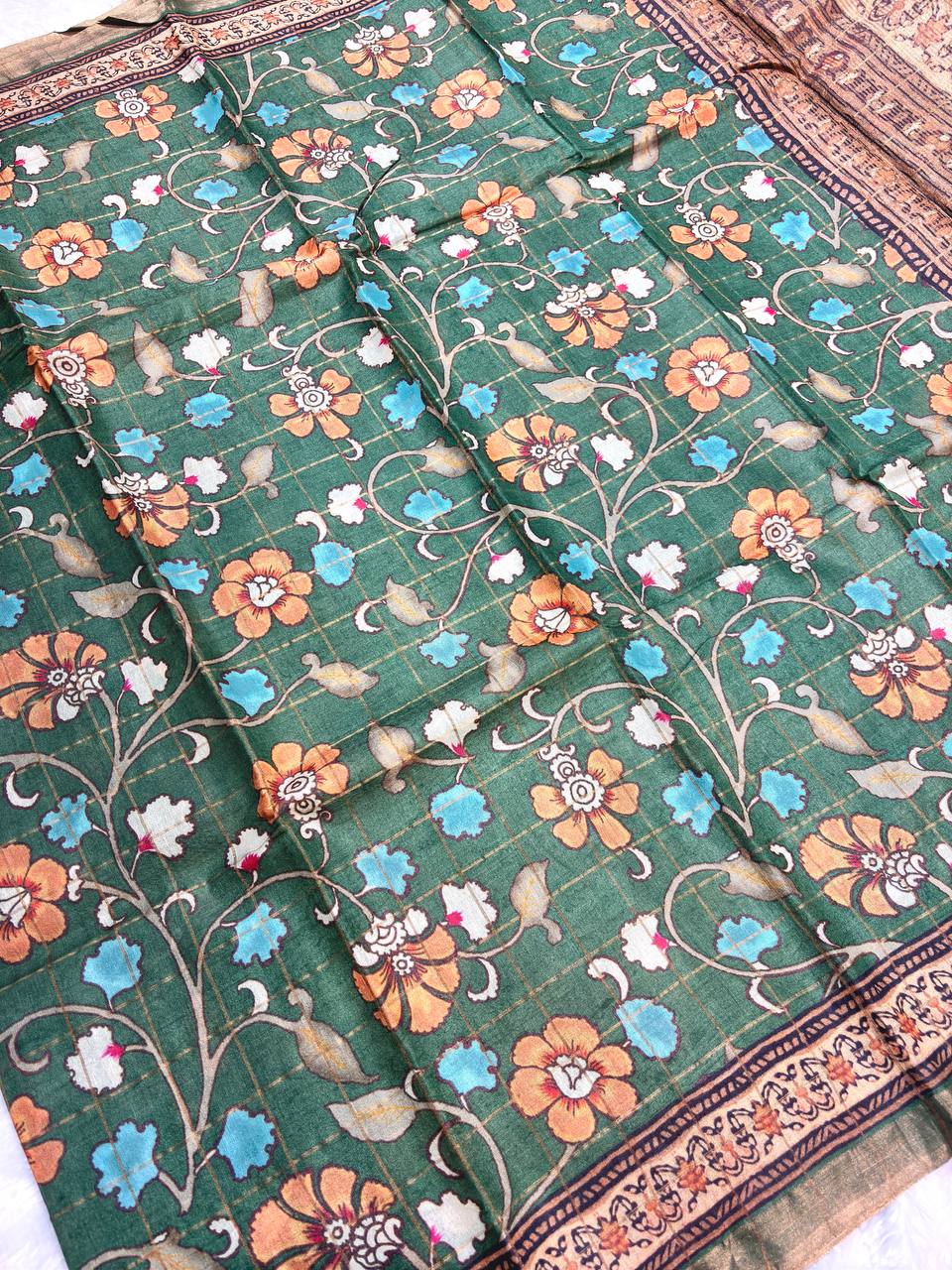 Charming Pine Green Tussar Silk Saree with Floral Grid Lattice, Kalamkari Trails, and Zari Border