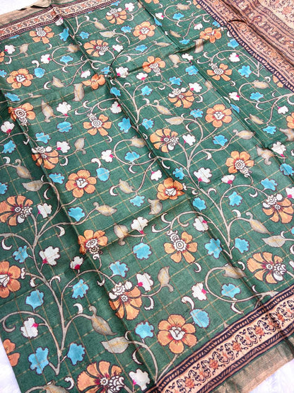 Charming Pine Green Tussar Silk Saree with Floral Grid Lattice, Kalamkari Trails, and Zari Border