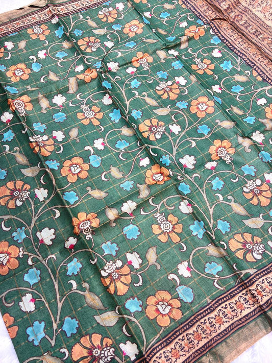 Charming Pine Green Tussar Silk Saree with Floral Grid Lattice, Kalamkari Trails, and Zari Border