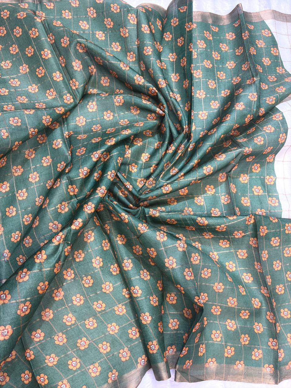 Charming Pine Green Tussar Silk Saree with Floral Grid Lattice, Kalamkari Trails, and Zari Border