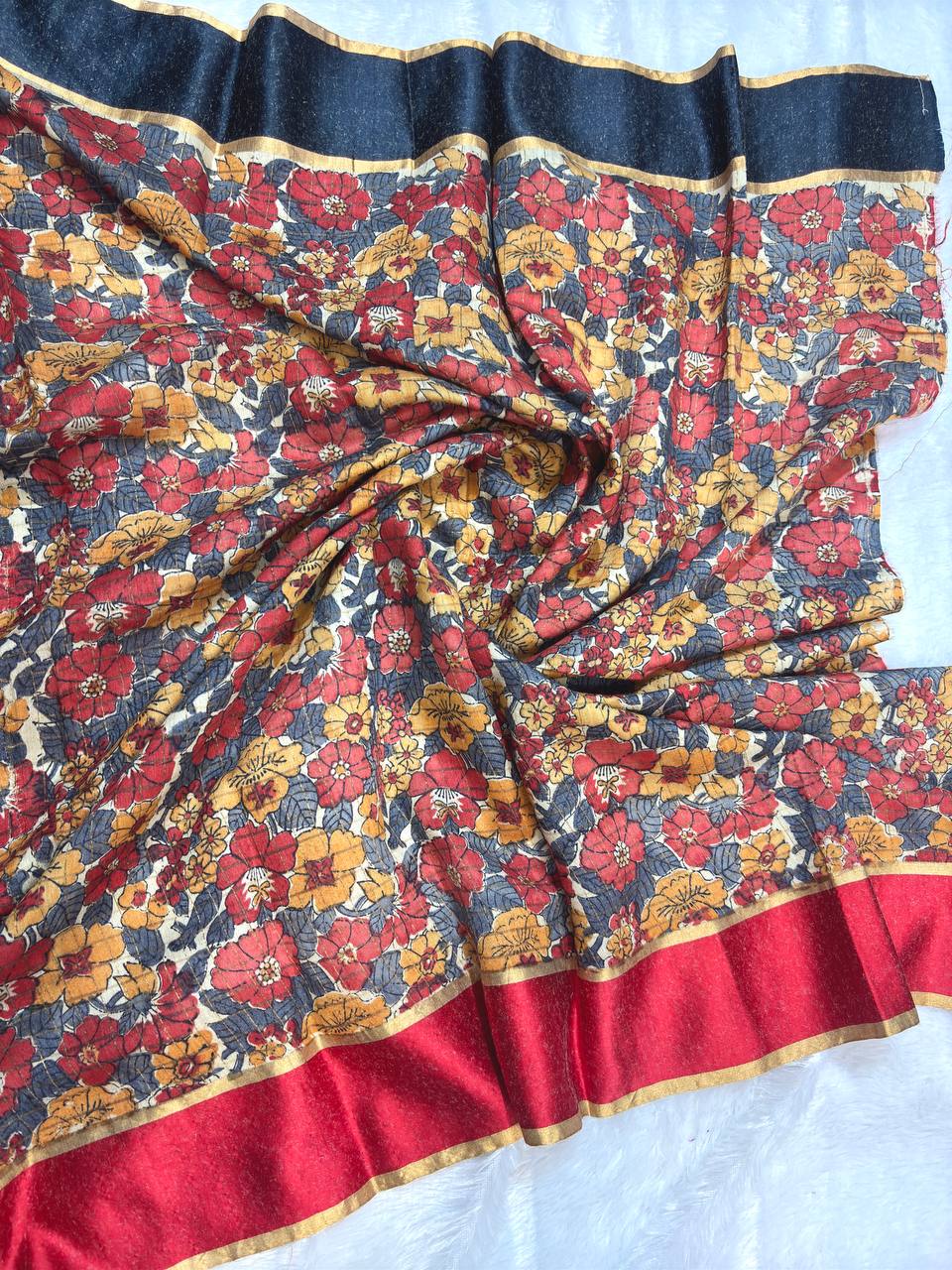 Bold Off-White Tussar Silk Saree with Dense Red and Mustard Kalamkari Floral Patterns and Striated Zari Pallu