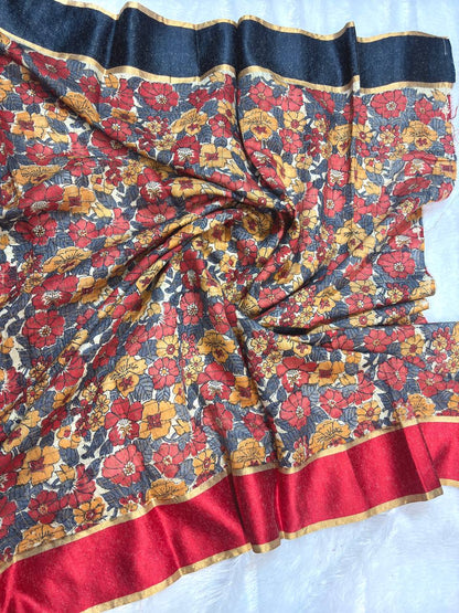 Bold Off-White Tussar Silk Saree with Dense Red and Mustard Kalamkari Floral Patterns and Striated Zari Pallu