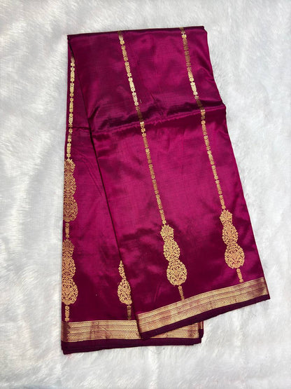 Handwoven Magenta Pink Pure Katan Silk Banarasi Saree with Zari Leheriya Stripes