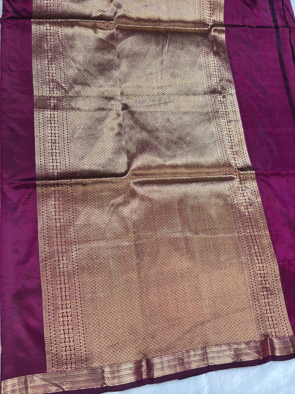 Handwoven Magenta Pink Pure Katan Silk Banarasi Saree with Zari Leheriya Stripes