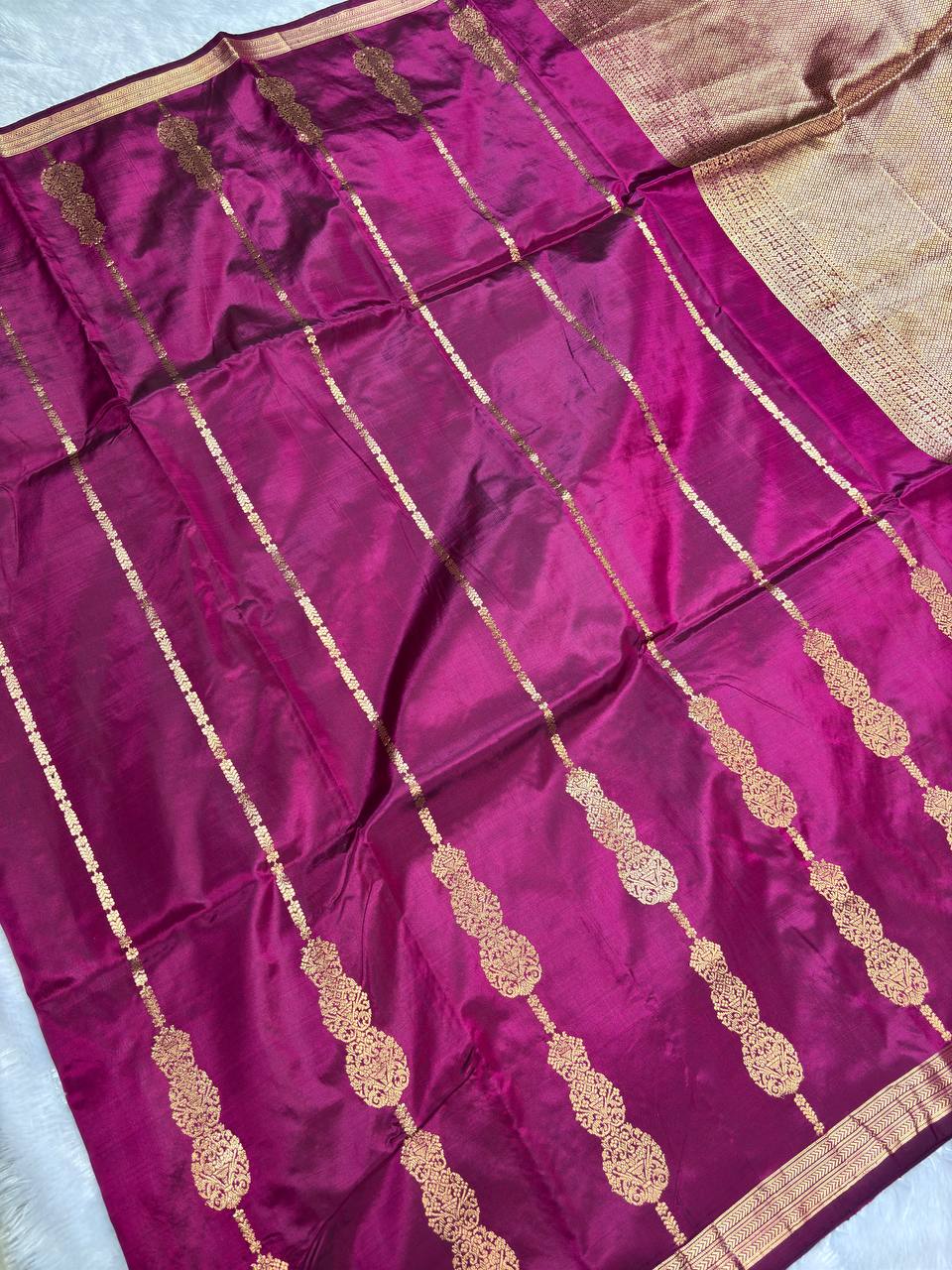 Handwoven Magenta Pink Pure Katan Silk Banarasi Saree with Zari Leheriya Stripes
