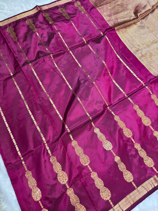 Handwoven Magenta Pink Pure Katan Silk Banarasi Saree with Zari Leheriya Stripes