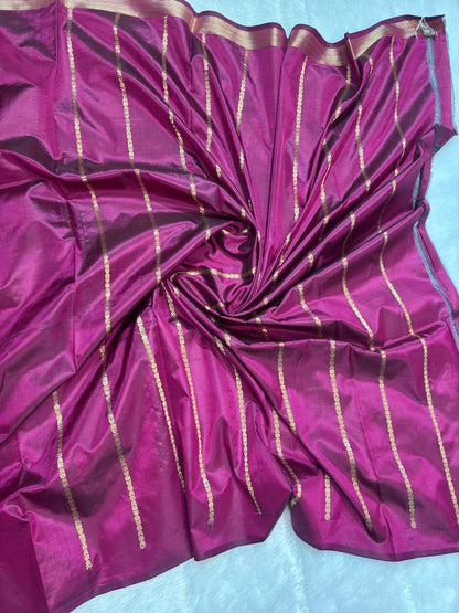 Handwoven Magenta Pink Pure Katan Silk Banarasi Saree with Zari Leheriya Stripes