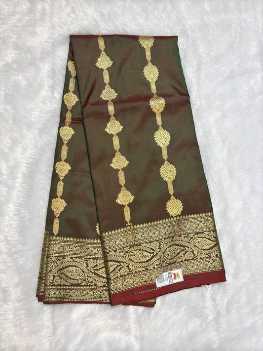 Handwoven Dual-Tone Dhoop Chhaon Pure Katan Silk Banarasi Saree with Zari Bootis and Leheriya Panels