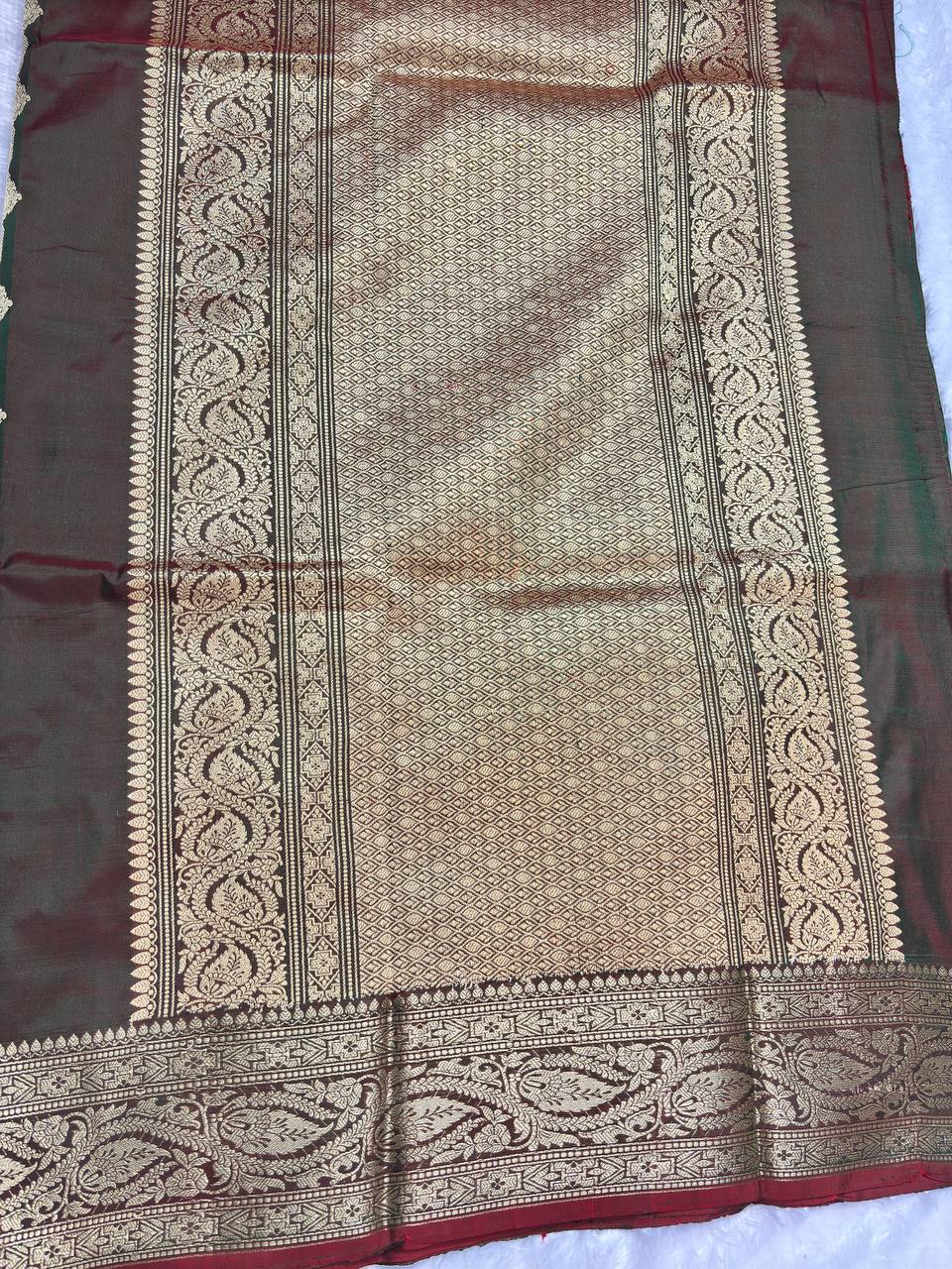 Handwoven Dual-Tone Dhoop Chhaon Pure Katan Silk Banarasi Saree with Zari Bootis and Leheriya Panels