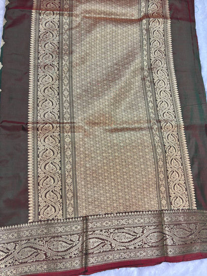 Handwoven Dual-Tone Dhoop Chhaon Pure Katan Silk Banarasi Saree with Zari Bootis and Leheriya Panels