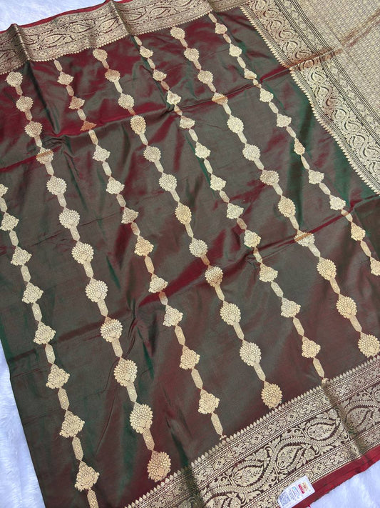 Handwoven Dual-Tone Dhoop Chhaon Pure Katan Silk Banarasi Saree with Zari Bootis and Leheriya Panels