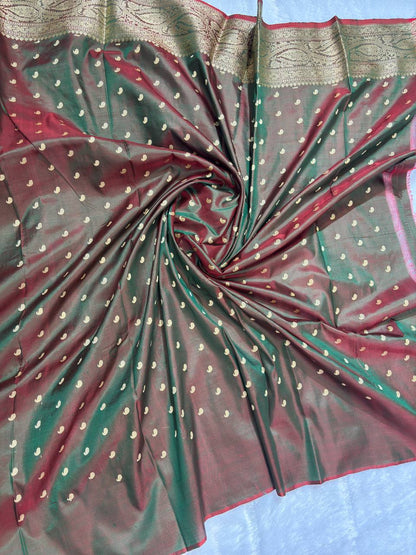 Handwoven Dual-Tone Dhoop Chhaon Pure Katan Silk Banarasi Saree with Zari Bootis and Leheriya Panels
