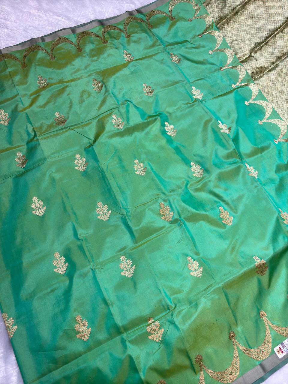 Handwoven Mint & Parrot Green Pure Katan Silk Banarasi Saree with Fine Floral Bootis and Scalloped Zari Skirt Border