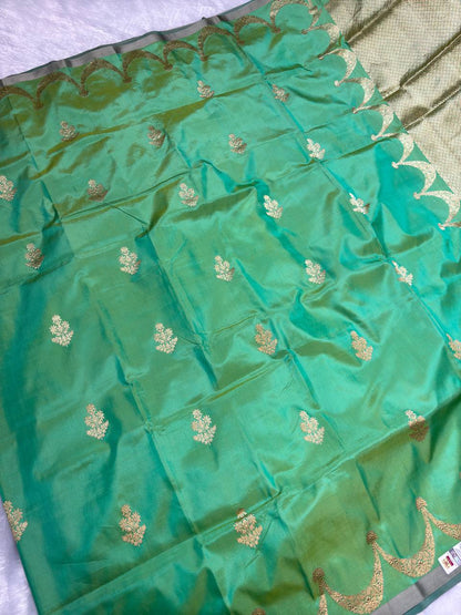 Handwoven Mint & Parrot Green Pure Katan Silk Banarasi Saree with Fine Floral Bootis and Scalloped Zari Skirt Border