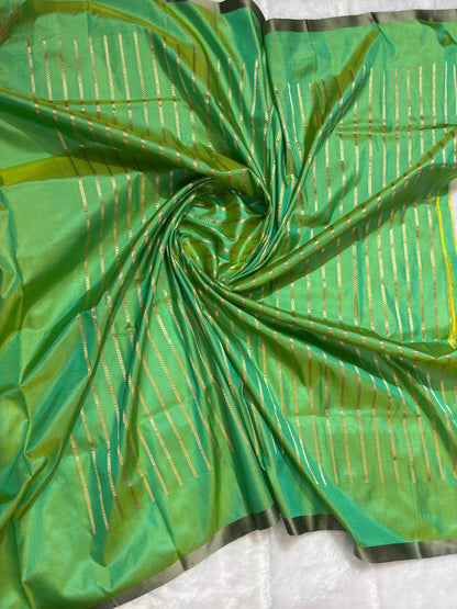 Handwoven Mint & Parrot Green Pure Katan Silk Banarasi Saree with Fine Floral Bootis and Scalloped Zari Skirt Border
