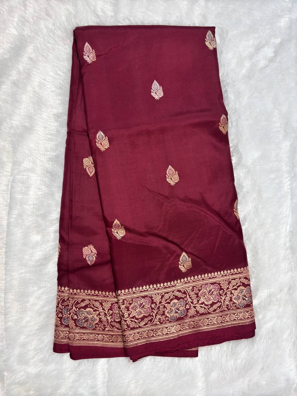 Wine Burgundy Pure Katan Silk Banarasi Saree with Meenakari Floral Borders and Kadhua Bootis