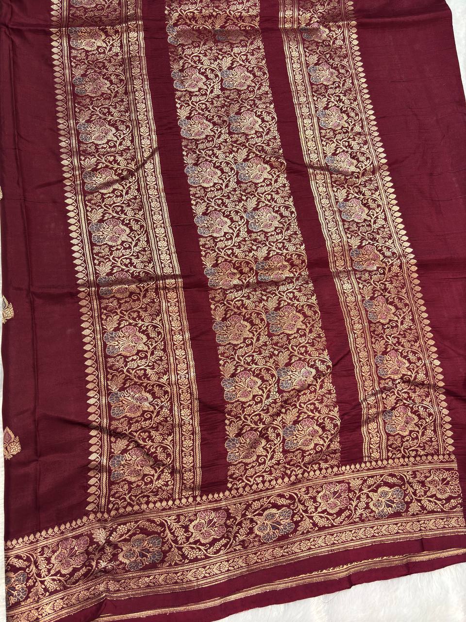 Wine Burgundy Pure Katan Silk Banarasi Saree with Meenakari Floral Borders and Kadhua Bootis