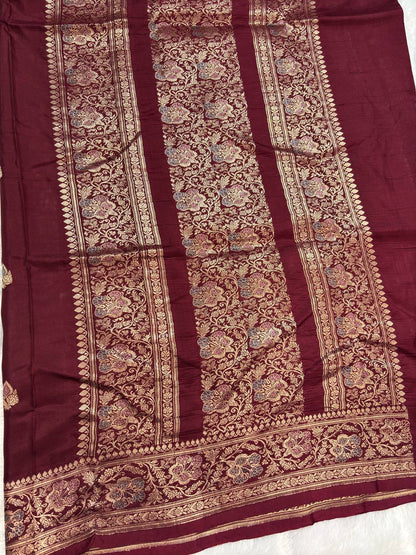 Wine Burgundy Pure Katan Silk Banarasi Saree with Meenakari Floral Borders and Kadhua Bootis
