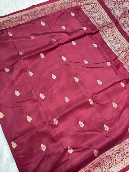 Wine Burgundy Pure Katan Silk Banarasi Saree with Meenakari Floral Borders and Kadhua Bootis