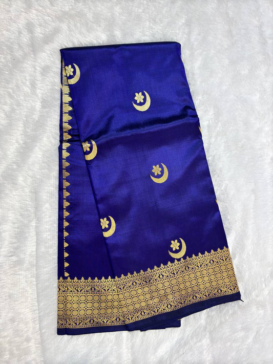 Royal Cobalt Blue Pure Katan Silk Banarasi Saree with Antique Gold Chand-Tara Kadhua Bootis
