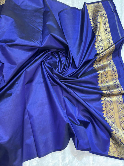 Royal Cobalt Blue Pure Katan Silk Banarasi Saree with Antique Gold Chand-Tara Kadhua Bootis