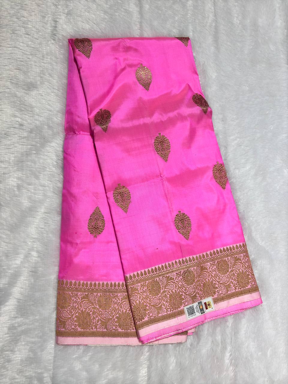 Rani Pink Pure Katan Silk Banarasi Saree with Antique Gold Leaf Bootis and Contrast Off-White Pallu