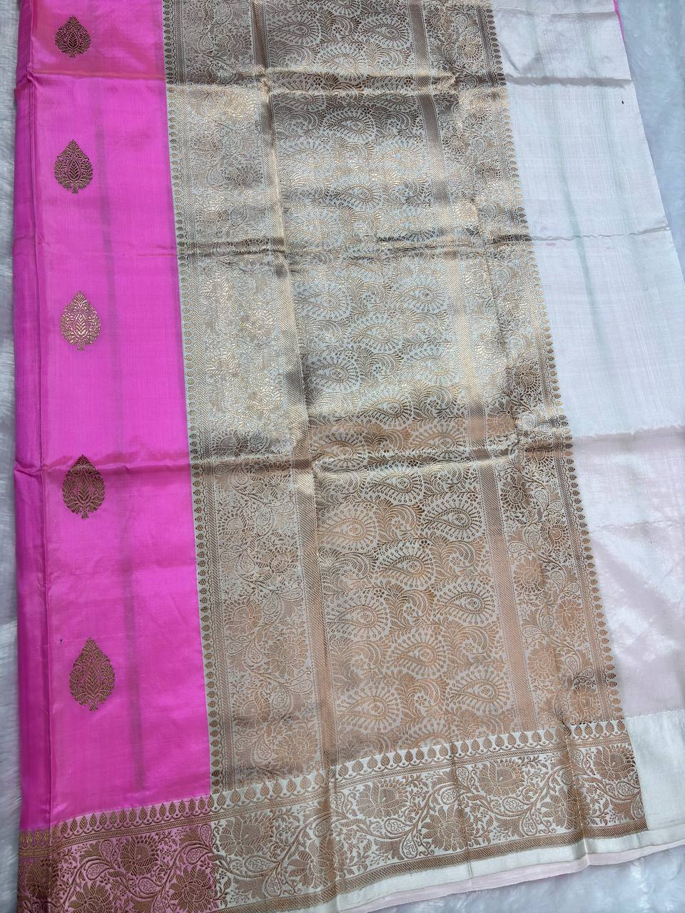 Rani Pink Pure Katan Silk Banarasi Saree with Antique Gold Leaf Bootis and Contrast Off-White Pallu