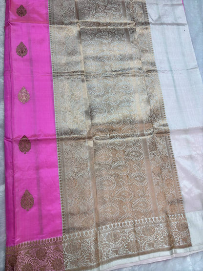 Rani Pink Pure Katan Silk Banarasi Saree with Antique Gold Leaf Bootis and Contrast Off-White Pallu