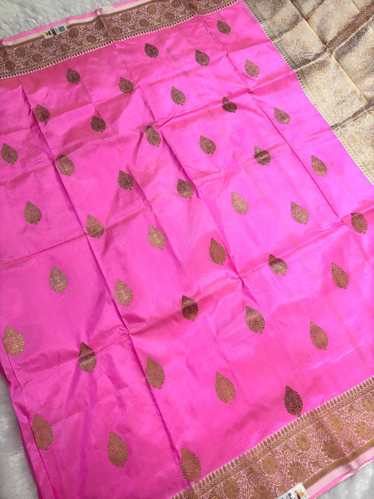 Rani Pink Pure Katan Silk Banarasi Saree with Antique Gold Leaf Bootis and Contrast Off-White Pallu