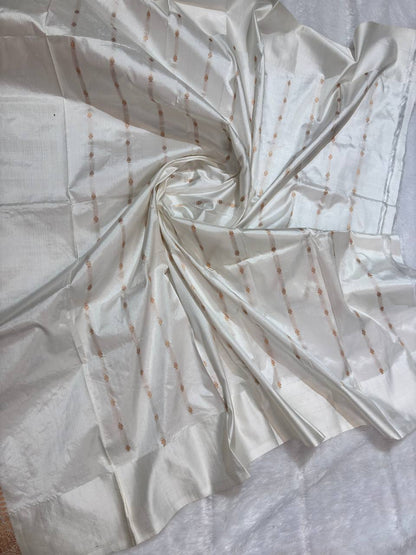 Rani Pink Pure Katan Silk Banarasi Saree with Antique Gold Leaf Bootis and Contrast Off-White Pallu
