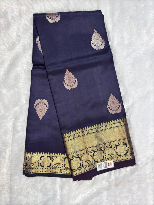 Midnight Jamun Purple Pure Katan Silk Banarasi Saree with Kadhua Floral Betel Leaf Bootis
