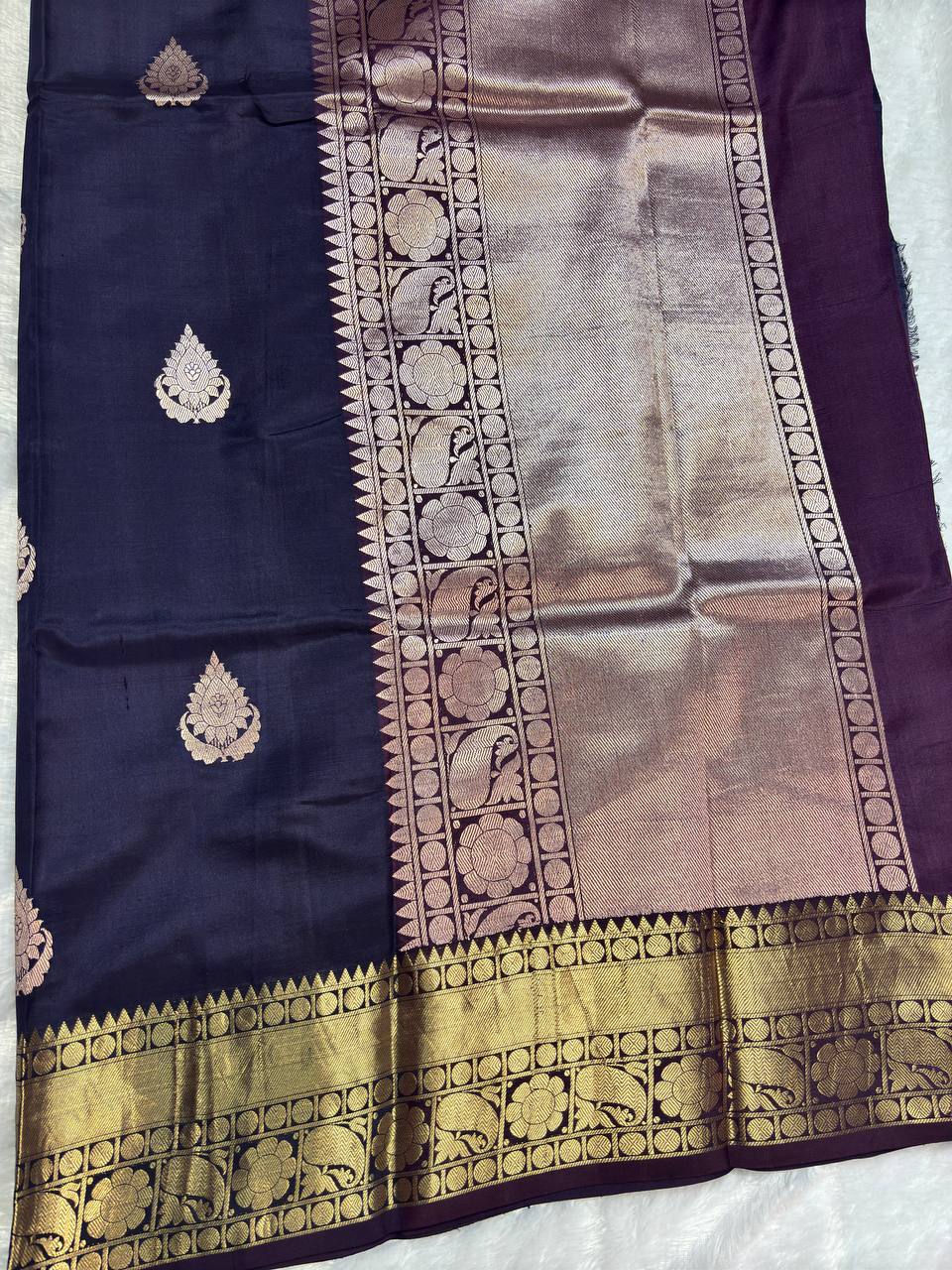 Midnight Jamun Purple Pure Katan Silk Banarasi Saree with Kadhua Floral Betel Leaf Bootis