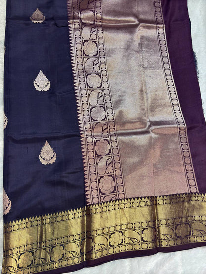 Midnight Jamun Purple Pure Katan Silk Banarasi Saree with Kadhua Floral Betel Leaf Bootis