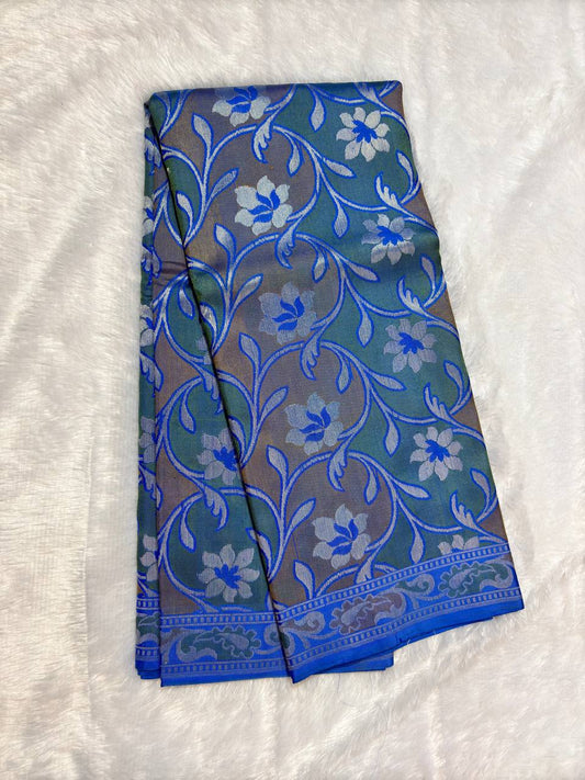 Royal Blue Pure Katan Silk Banarasi Saree with Silver-Blue Zari Floral Jaal and Contrast Body Panels