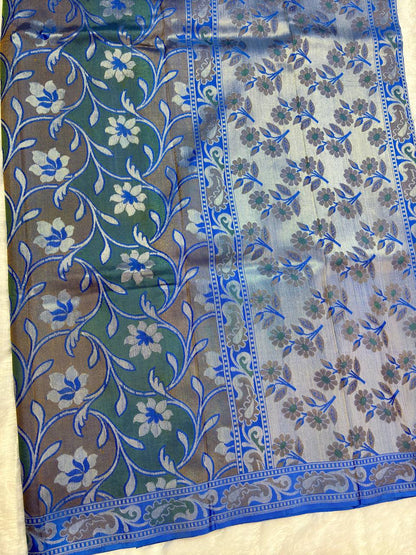 Royal Blue Pure Katan Silk Banarasi Saree with Silver-Blue Zari Floral Jaal and Contrast Body Panels