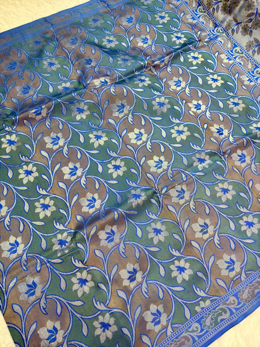 Royal Blue Pure Katan Silk Banarasi Saree with Silver-Blue Zari Floral Jaal and Contrast Body Panels