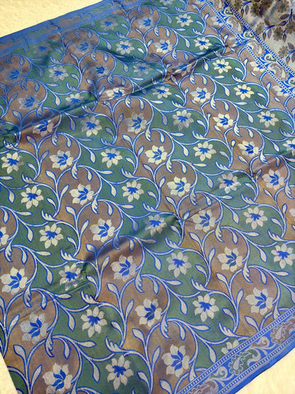 Royal Blue Pure Katan Silk Banarasi Saree with Silver-Blue Zari Floral Jaal and Contrast Body Panels