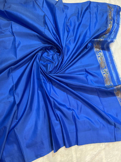 Royal Blue Pure Katan Silk Banarasi Saree with Silver-Blue Zari Floral Jaal and Contrast Body Panels