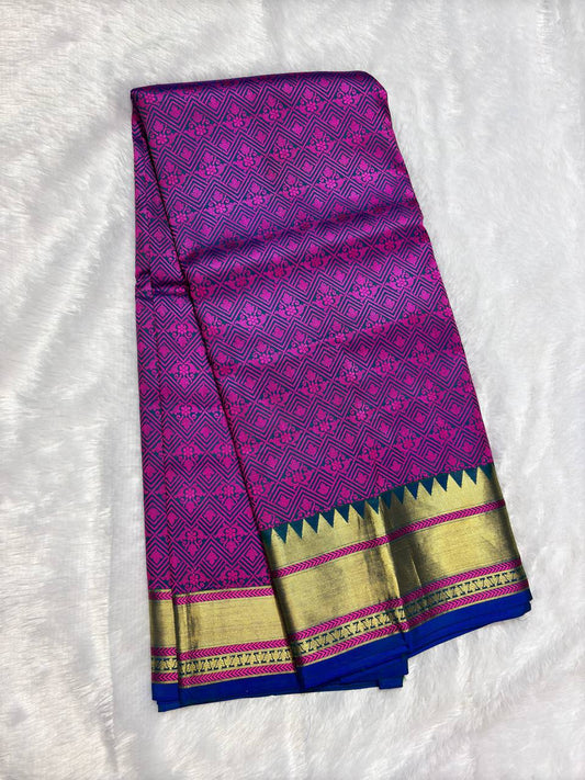Dual-Tone Peacock Blue & Magenta Pure Katan Silk Banarasi Saree with All-Over Diamond Jaal and Temple Borders