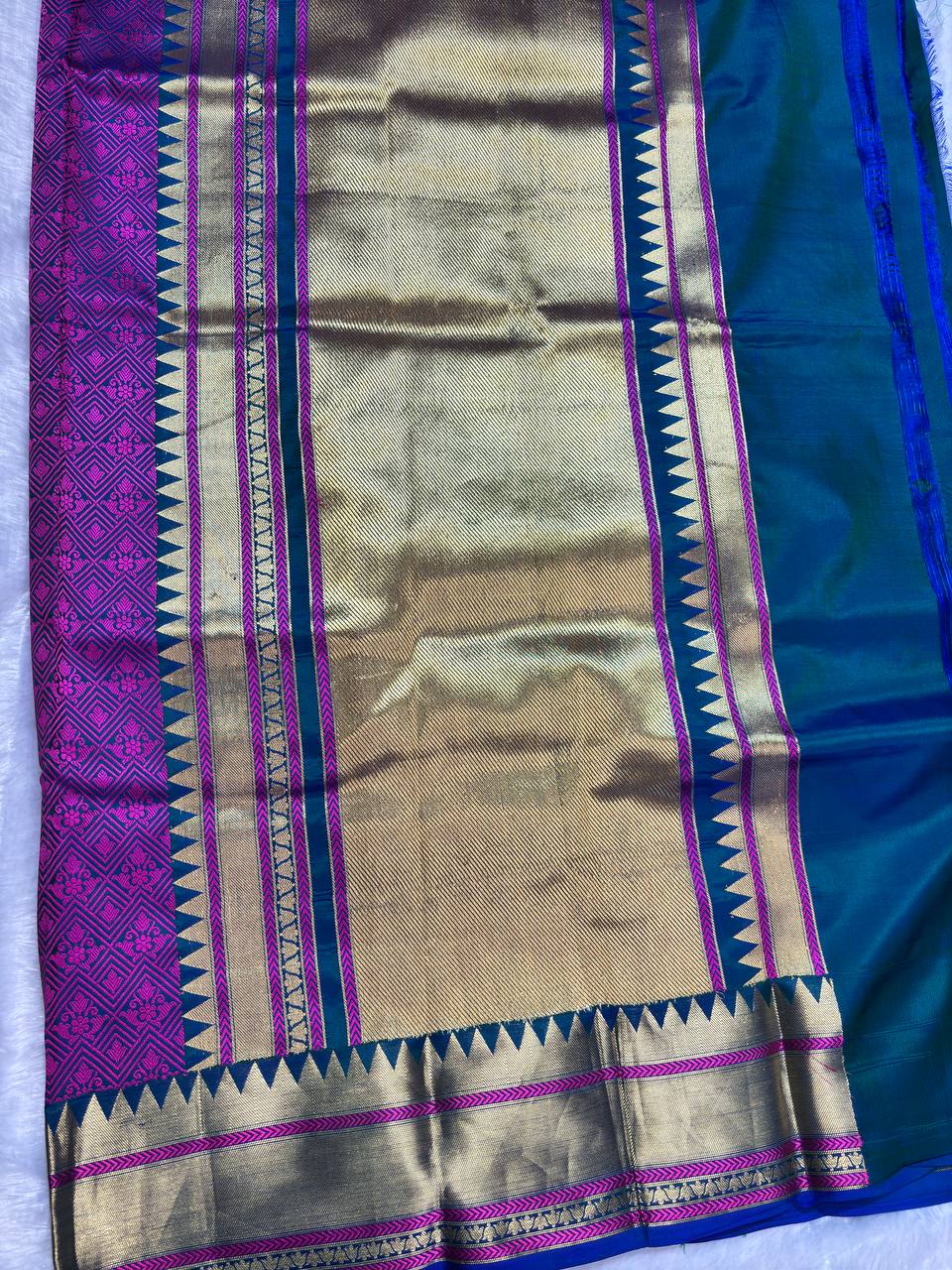 Dual-Tone Peacock Blue & Magenta Pure Katan Silk Banarasi Saree with All-Over Diamond Jaal and Temple Borders