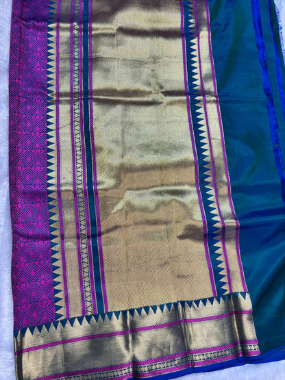 Dual-Tone Peacock Blue & Magenta Pure Katan Silk Banarasi Saree with All-Over Diamond Jaal and Temple Borders