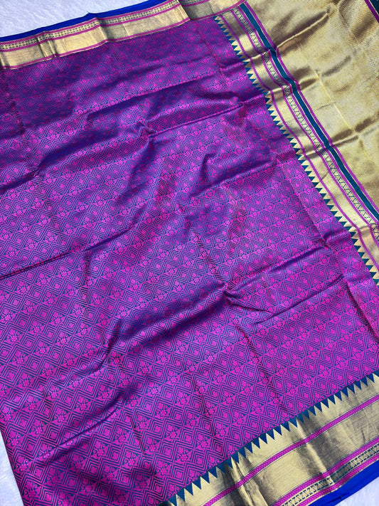 Dual-Tone Peacock Blue & Magenta Pure Katan Silk Banarasi Saree with All-Over Diamond Jaal and Temple Borders