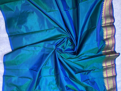 Dual-Tone Peacock Blue & Magenta Pure Katan Silk Banarasi Saree with All-Over Diamond Jaal and Temple Borders