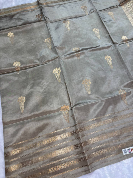 Katan Silk Saree – Metallic Sage & Antique Gold Guldasta Buti