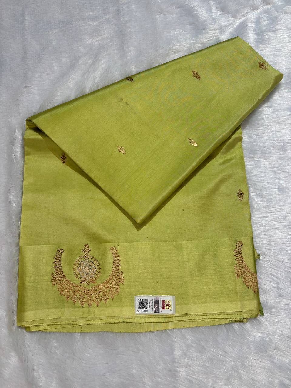 Katan Silk Saree – Chartreuse Lime with Antique Rose-Gold Zari