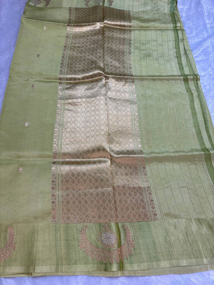 Katan Silk Saree – Chartreuse Lime with Antique Rose-Gold Zari