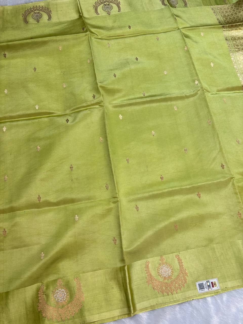 Katan Silk Saree – Chartreuse Lime with Antique Rose-Gold Zari