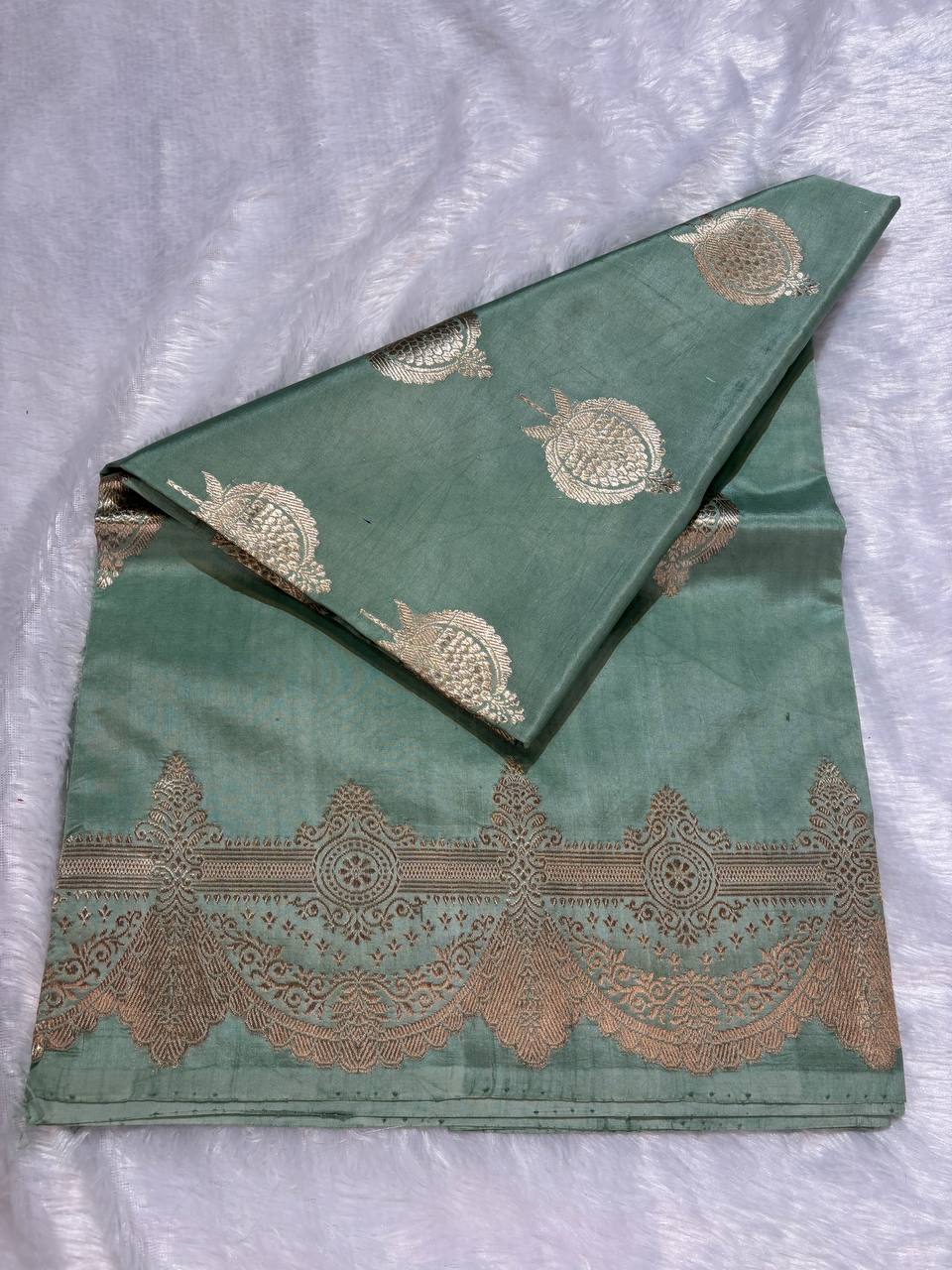 Katan Silk Saree – Patina Seafoam with Antique Silver-Gold Anaar Motifs