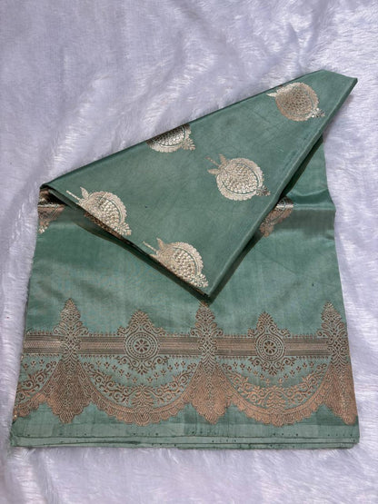 Katan Silk Saree – Patina Seafoam with Antique Silver-Gold Anaar Motifs